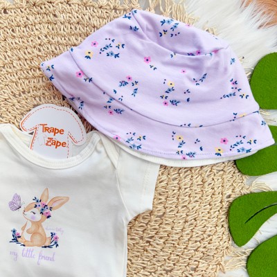 Conj. Body My Little Friend, Bucket e Short Florzinhas - Lilás e Off White